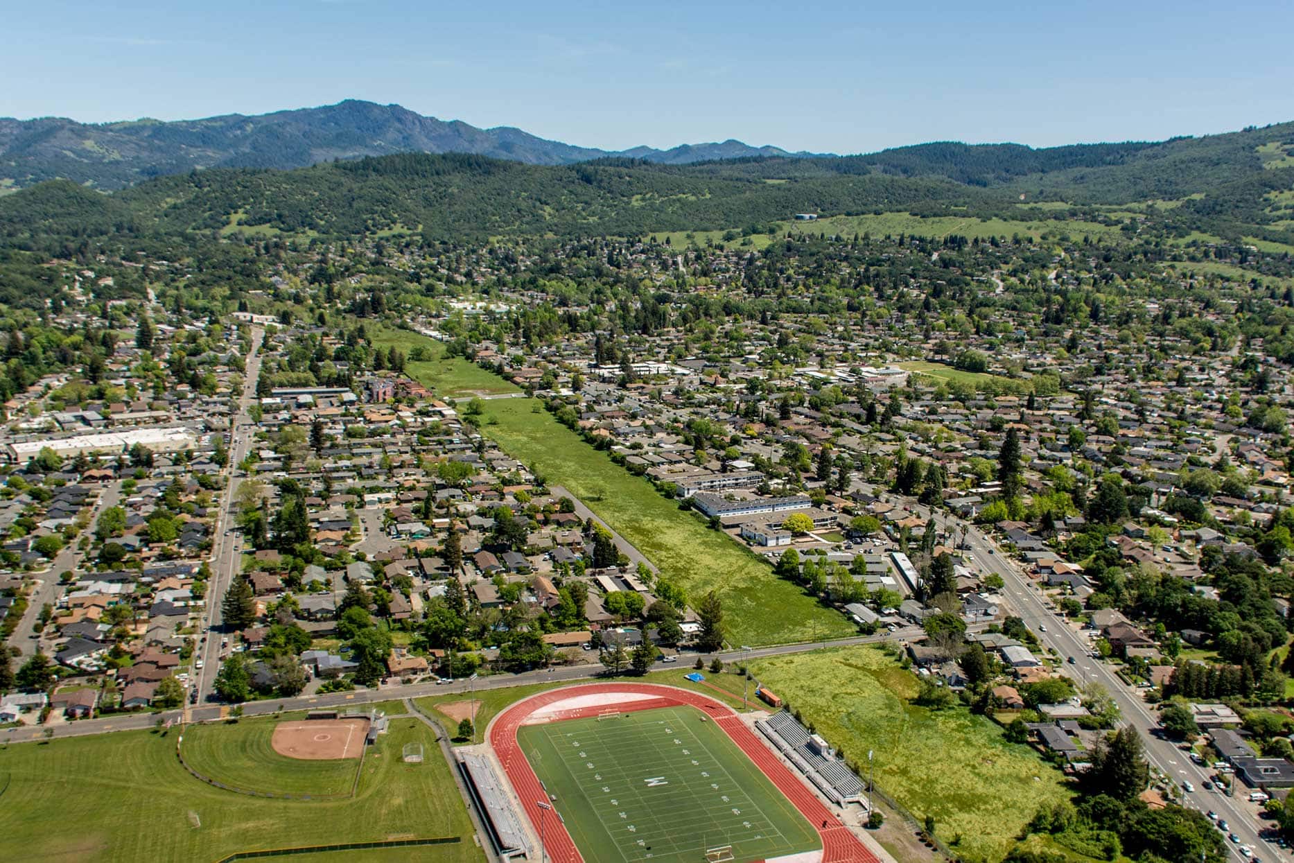Aerial photo of Southeast Greenway starting at Montgomery High School, Santa Rosa, CA