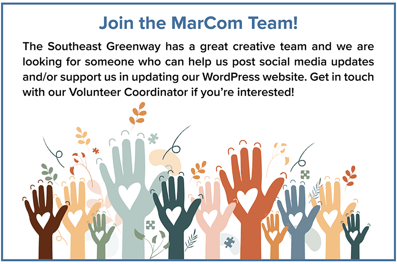 Graphic that says "join the MarCom team" with a colorful illustration of hands raised to volunteer