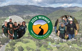 3 inset photos over background of aerial view of greenway. Left to right: group volunteering at event, 2025 Winner of California Trails & Greenways award, and Sue Field volunteer coordinator