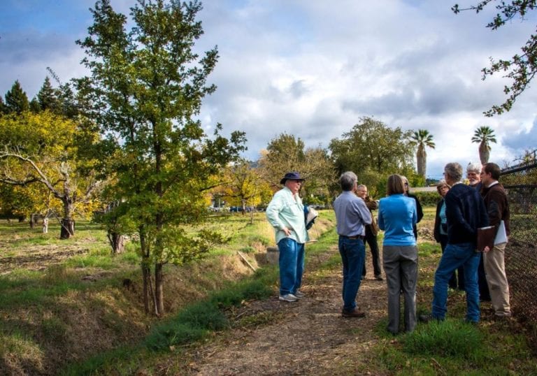A group of volunteers gathered outdoors on a dirt path in a park or orchard, standing near trees and a fence on a cloudy day.