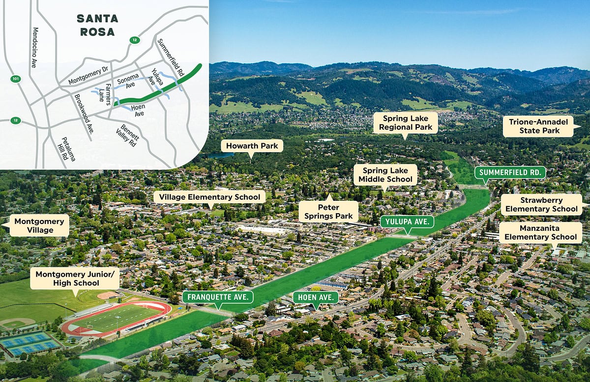 Aerial view map of Santa Rosa showing the proposed Southeast Greenway corridor in green, connecting nearby schools, parks, and neighborhoods.